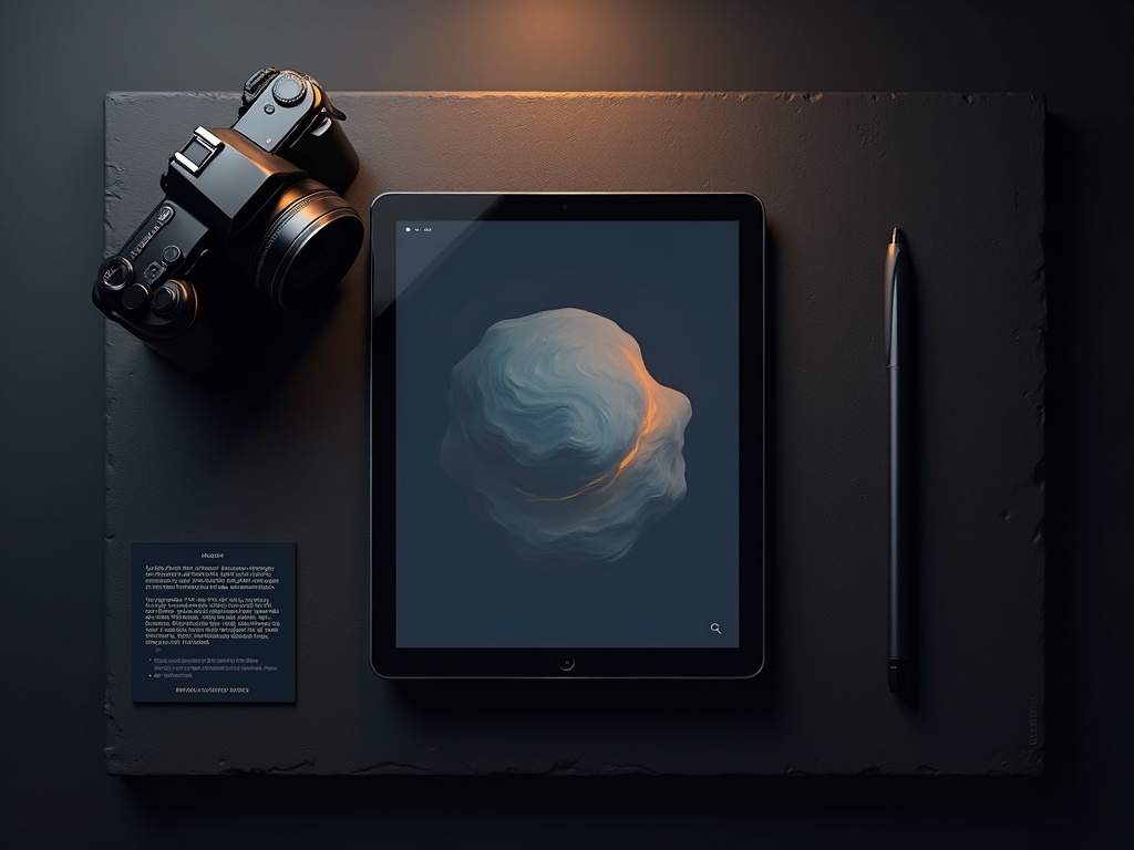 A creator's desk with artwork carrying a gold credentials badge, a metadata label, camera and stylus
