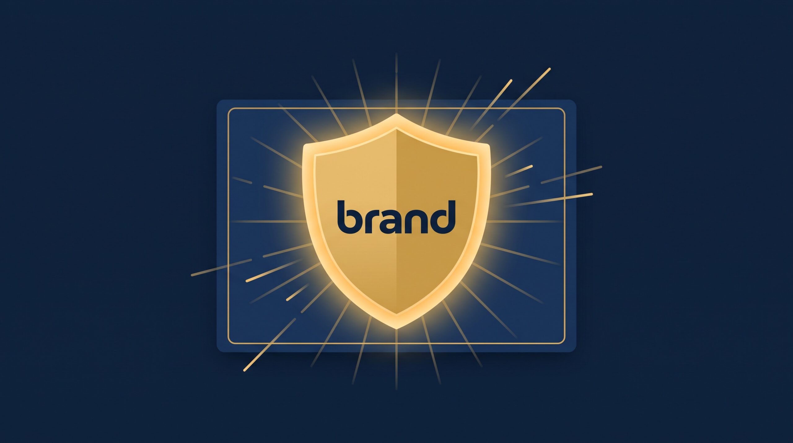 A gold protective seal shielding a brand name wordmark on a navy background