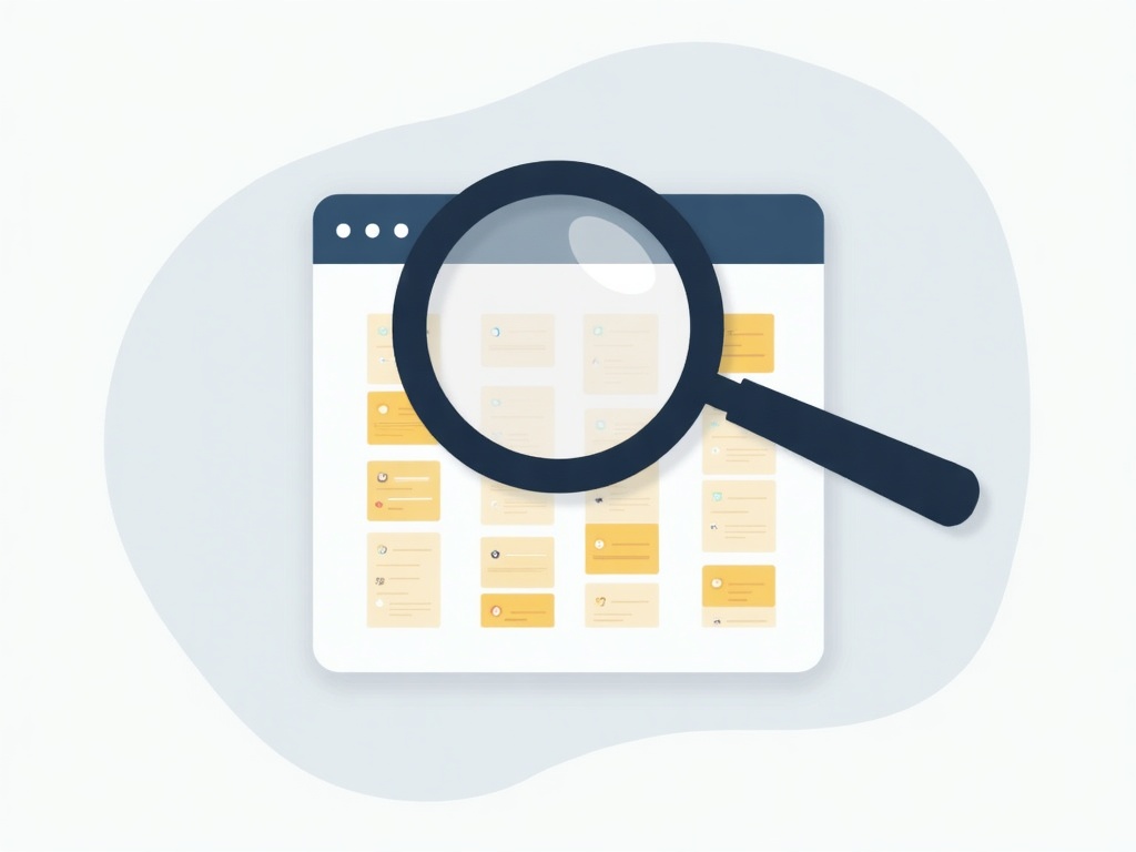 A magnifying glass searching a grid of brand-name cards for conflicts