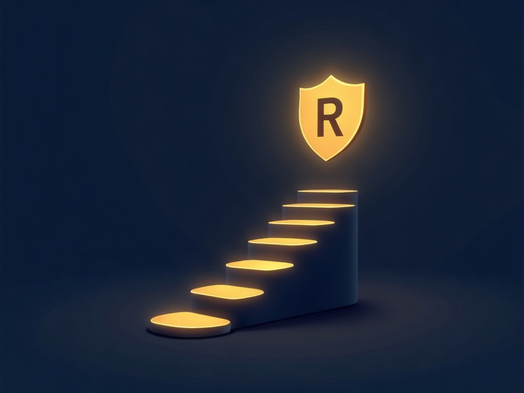 Five gold stepping stones ascending toward a registered brand emblem
