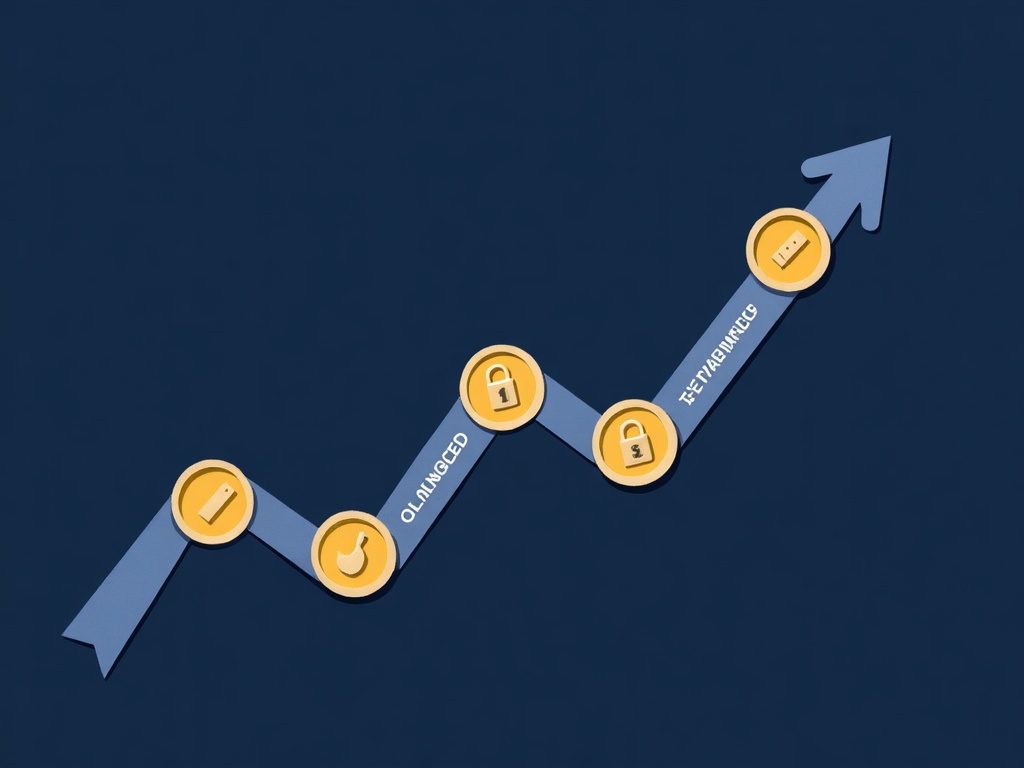 A gold timeline with renewal checkpoints and a small padlock, symbolizing trademark maintenance