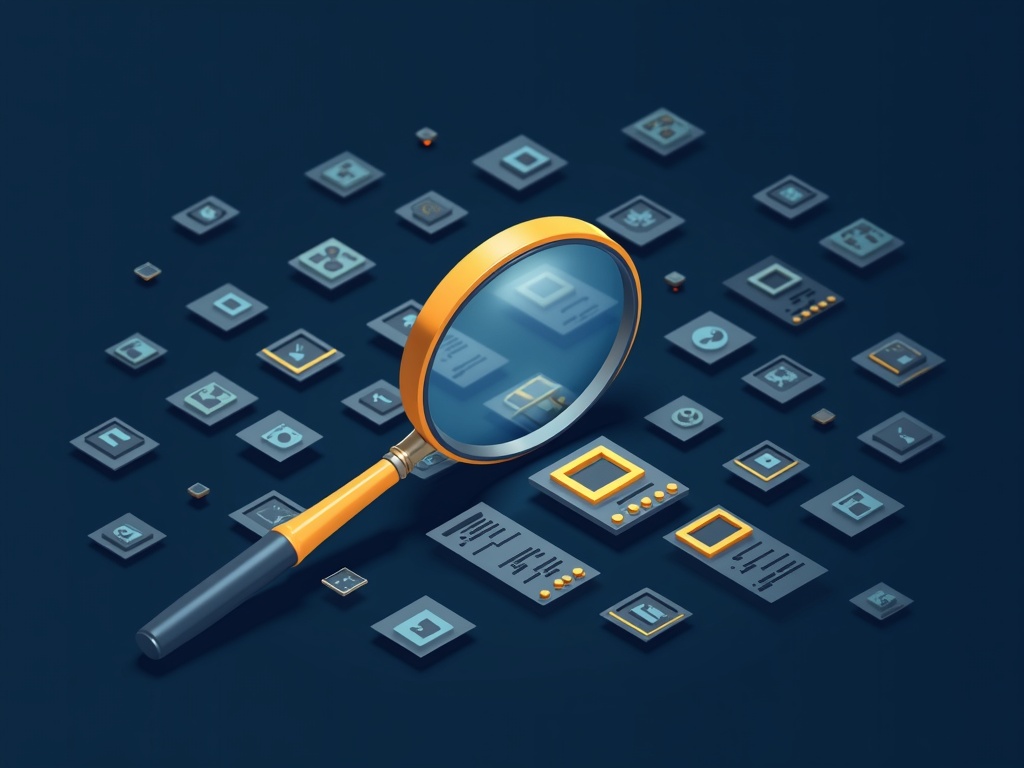A magnifying glass finding one highlighted duplicate image among many thumbnails