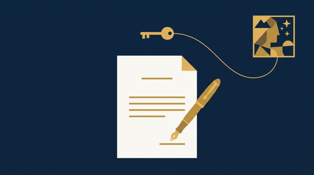 A one-page agreement with a gold pen, and a gold key tethered back to an artwork icon