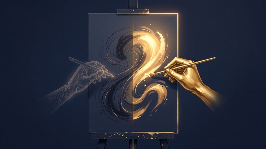 A canvas where only the human-painted half glows gold while the machine-made half stays dim, symbolising that only the human-authored part is protected