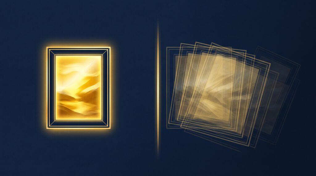 A single gold framed painting on the left with many faint ghostly copies of the same style rippling outward to the right