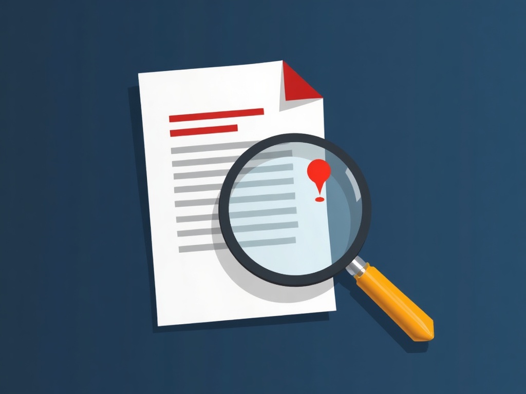 A magnifying glass revealing a warning marker in contract fine print