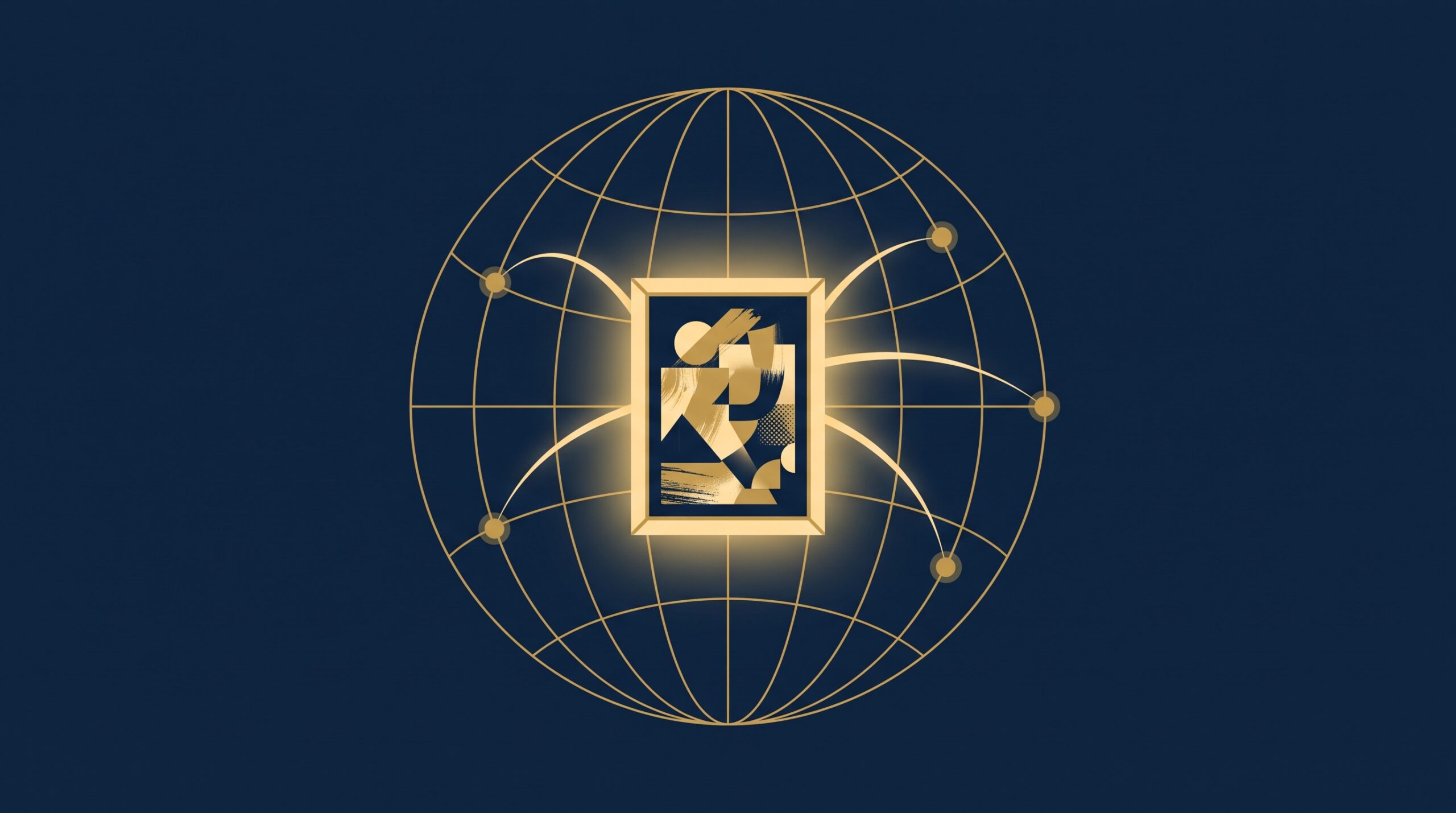 A creative work at the center of a globe with gold arcs reaching to several countries