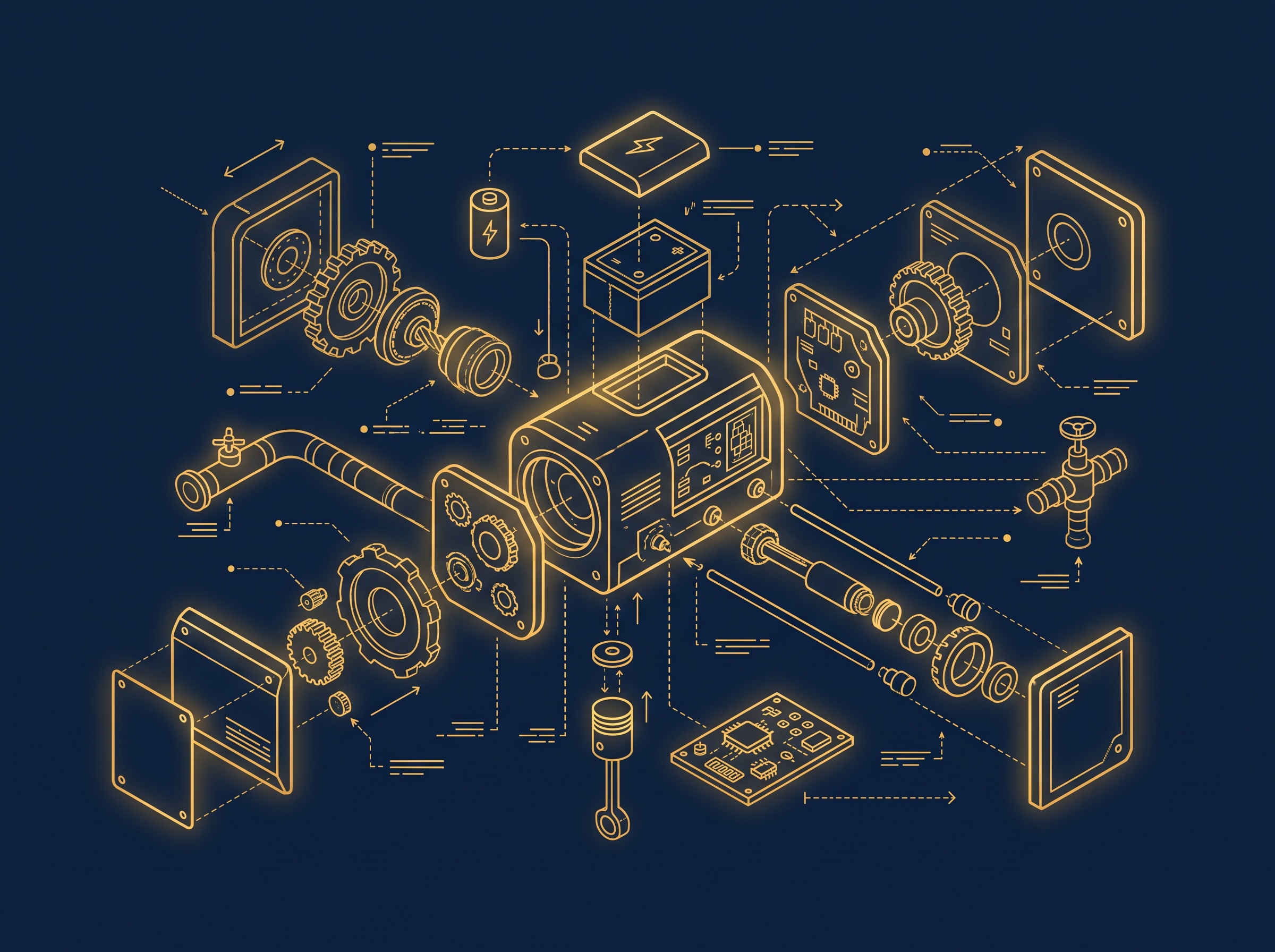 A glowing gold technical exploded diagram on a navy sheet suggesting a detailed description