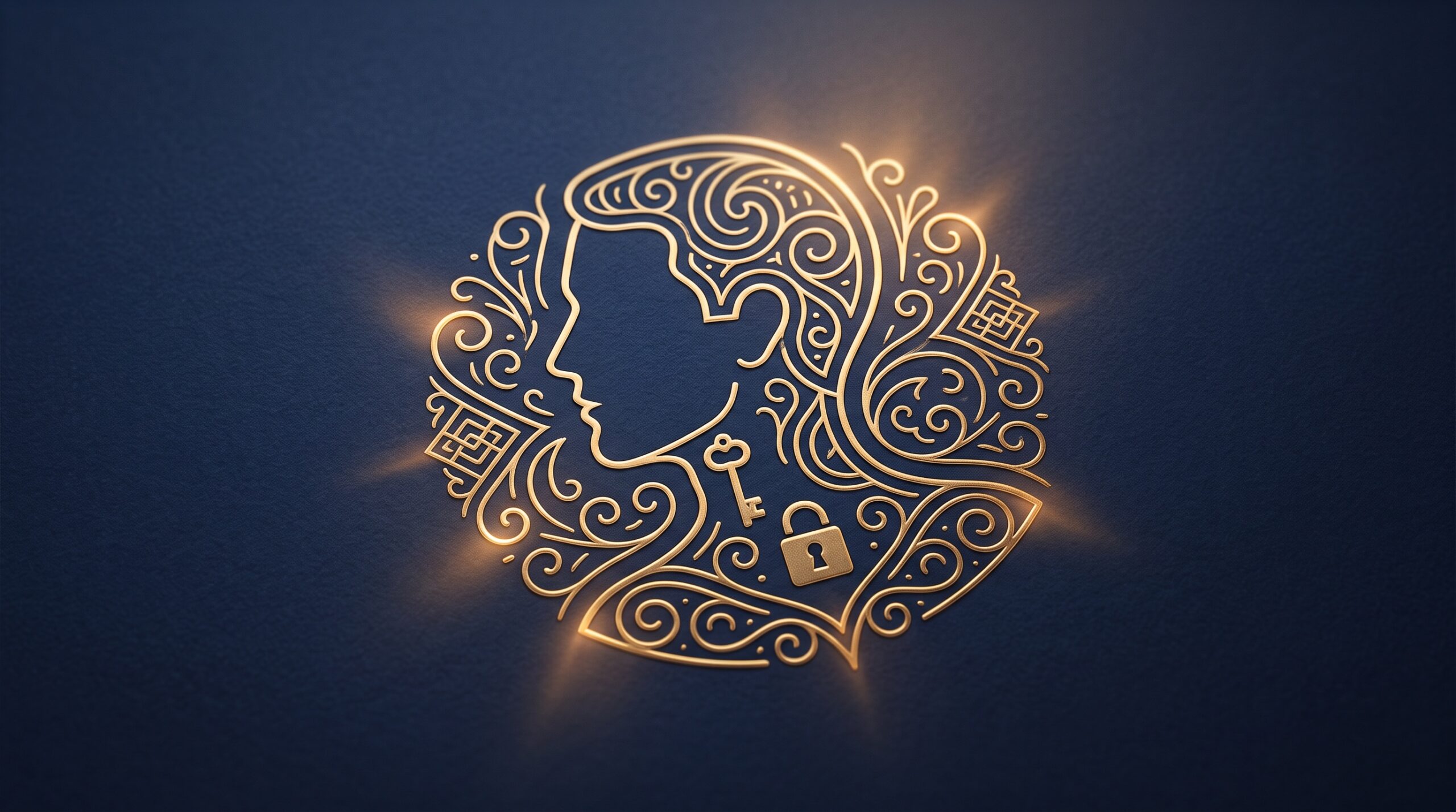 A gold silhouette of a person styled as an ownership seal, symbolising identity as property