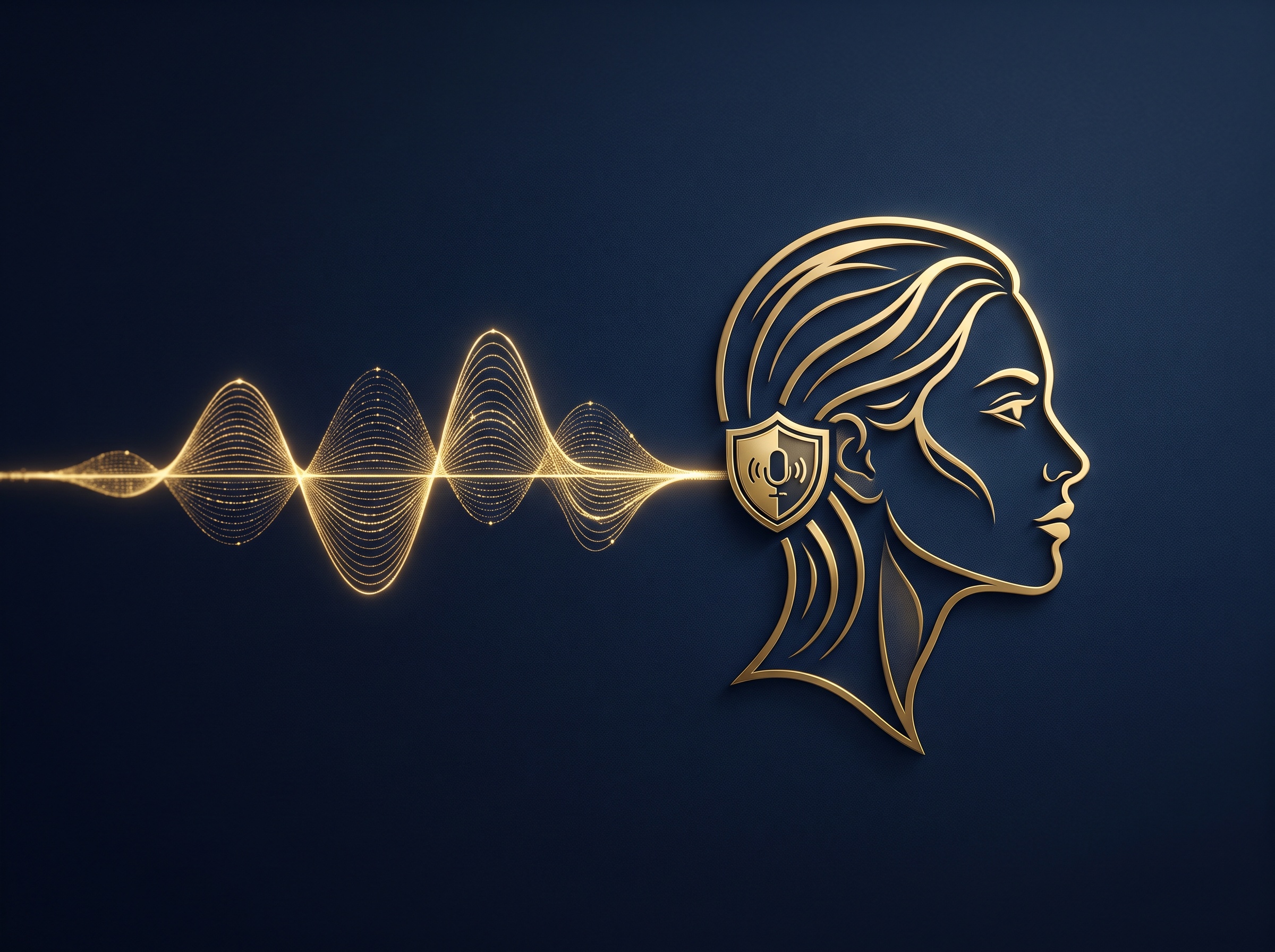 A gold sound waveform merging into a face beside a small shield, symbolising voice protection laws