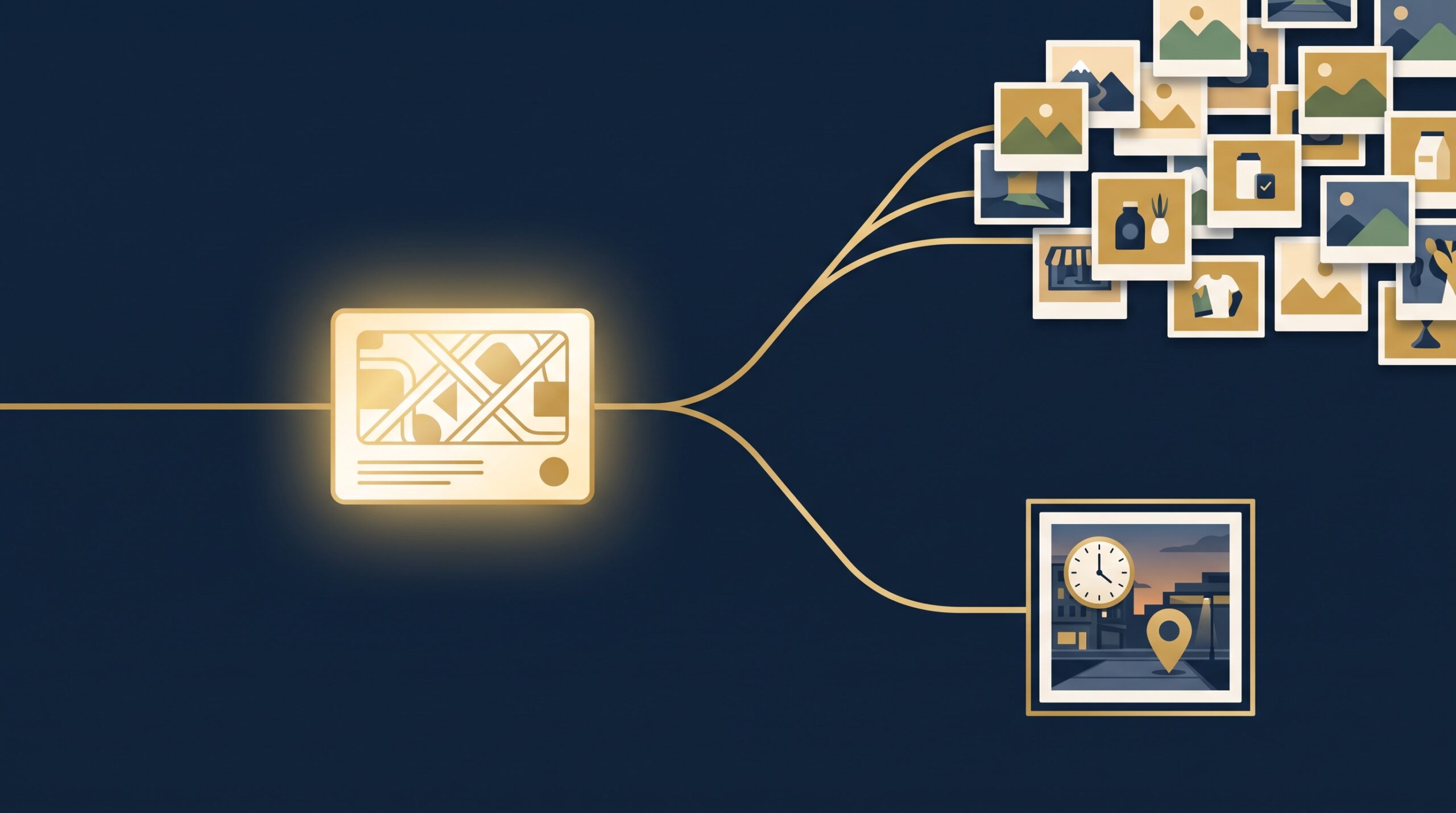 A gold license card splitting into two paths on deep navy - one broad and repeating, one single and defined