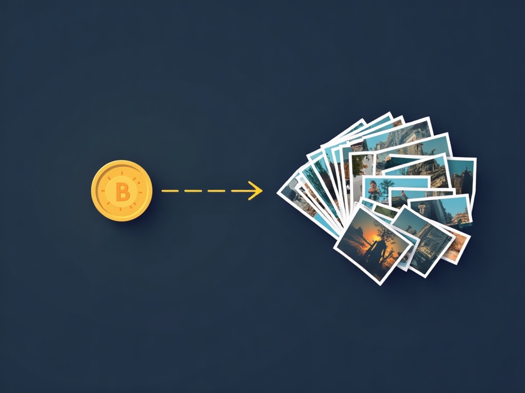 A single gold coin paying once for many reused image tiles fanning outward