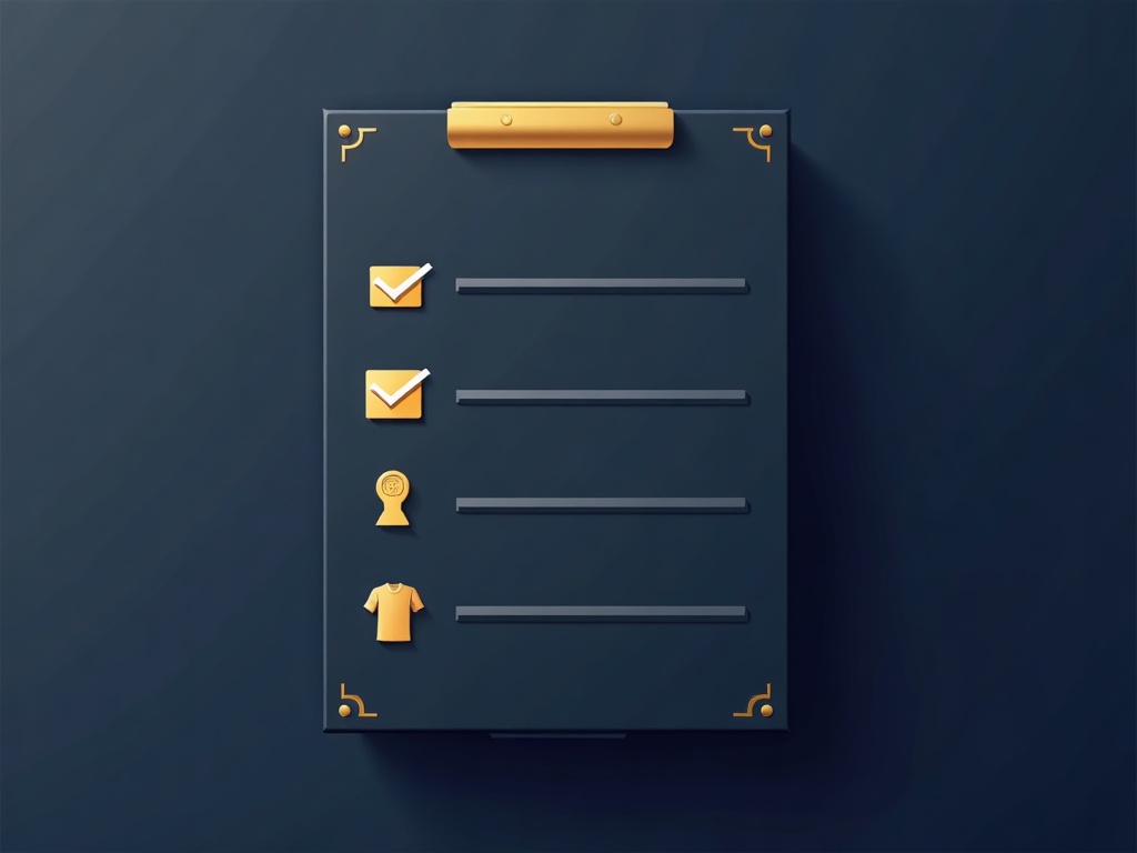 A gold checklist card with icons for use, release, exclusivity, and merchandise limits