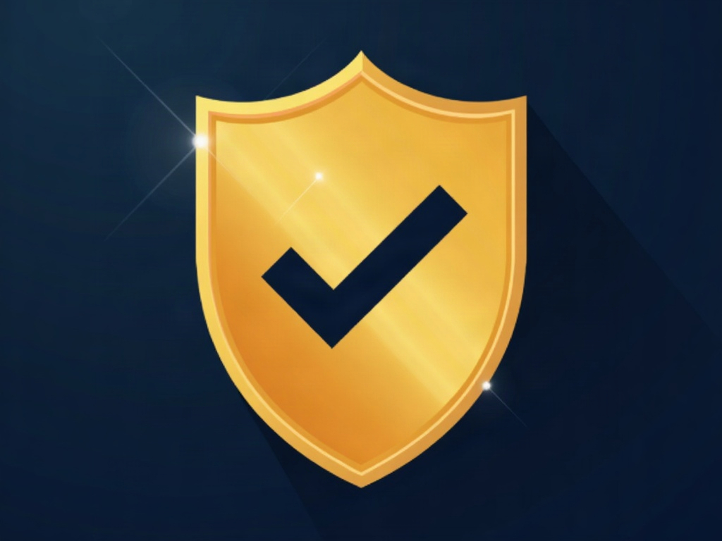 Gold shield with a checkmark protecting a vinyl record on navy