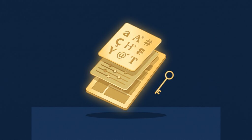 A gold digital product tile built from stacked layers of a font, a preset, and a template