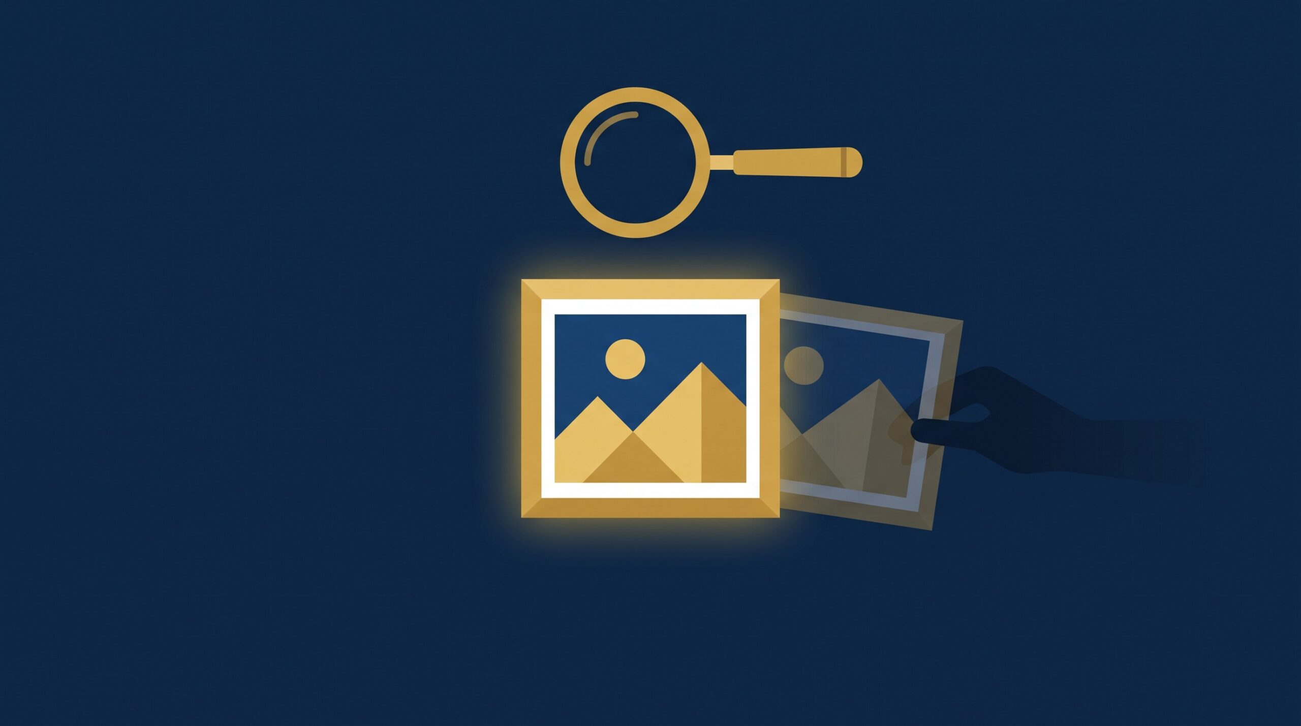 A gold original artwork tile with a faint copy being pulled away, a magnifying glass over the original