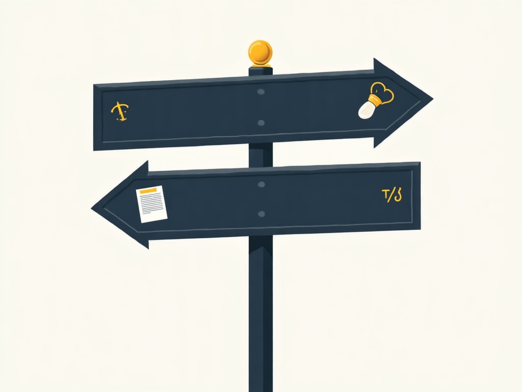 A gold four-way signpost pointing to copyright, trademark, license, and fair-use icons