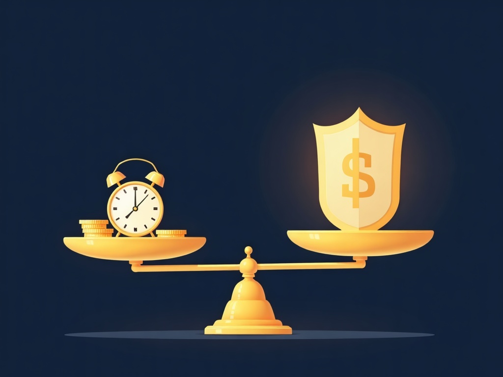 A gold balance scale weighing coins and a clock against a shield protecting an artwork