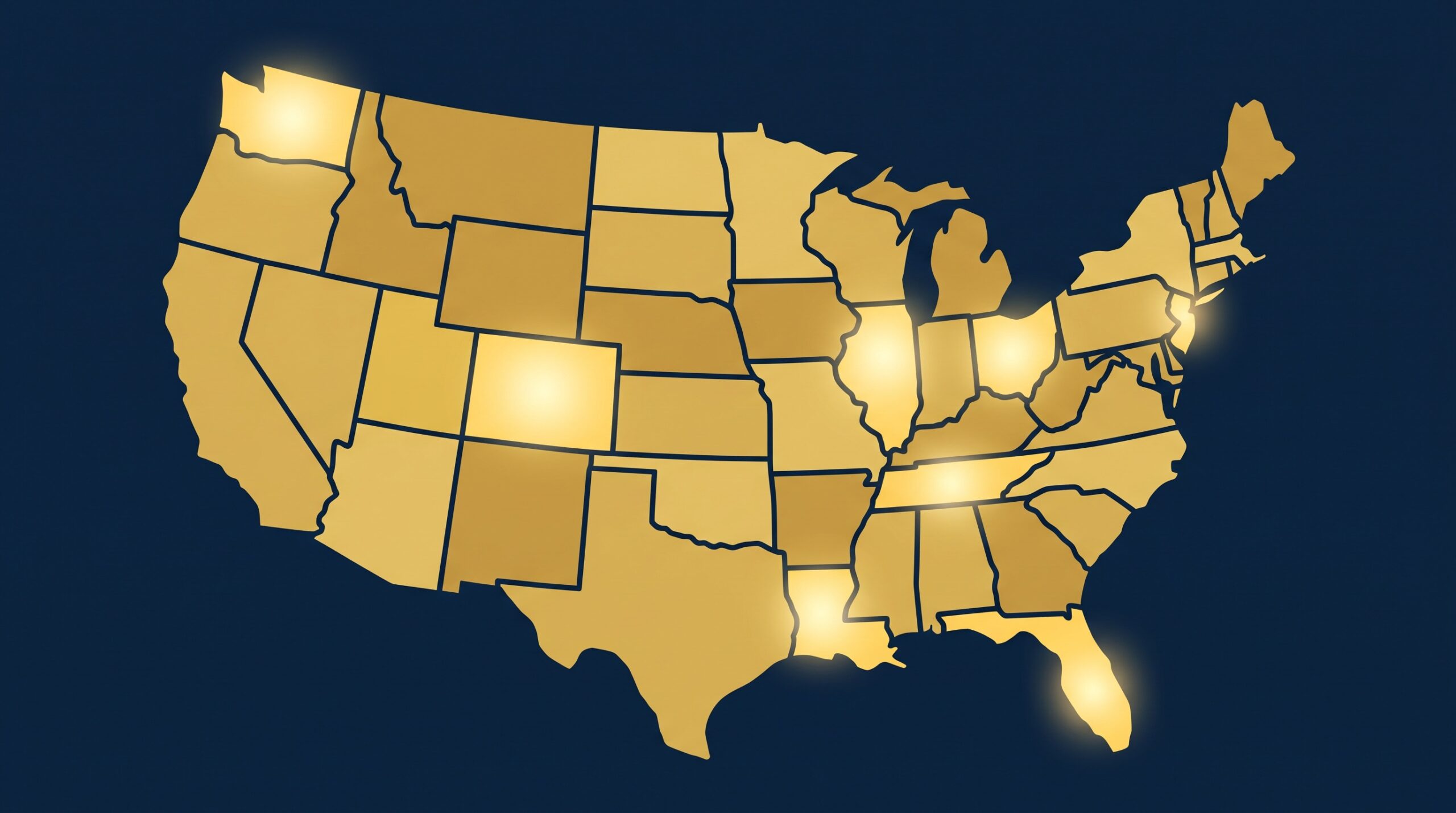 A patchwork grid of gold tiles of varying shades, representing a fragmented state-by-state legal landscape