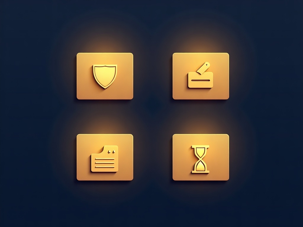 Four gold category cards with a shield, ballot box, sound wave, and hourglass icon, representing four types of deepfake law