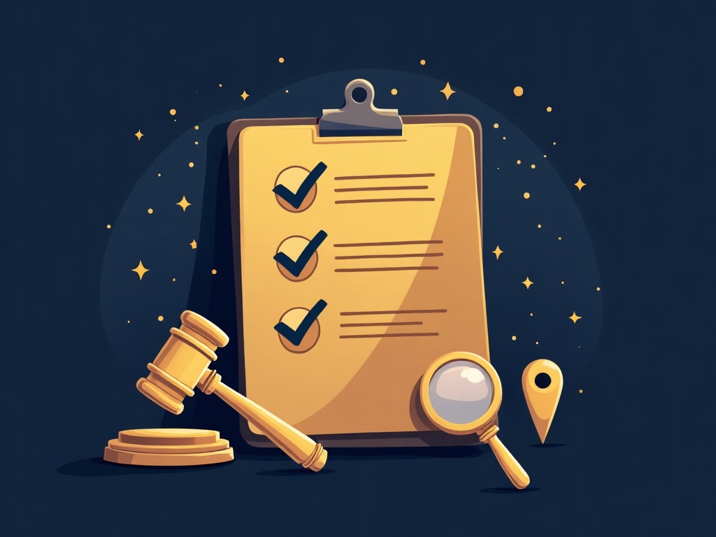 A gold checklist card beside a magnifying glass and location pin, representing figuring out which laws apply and what to do