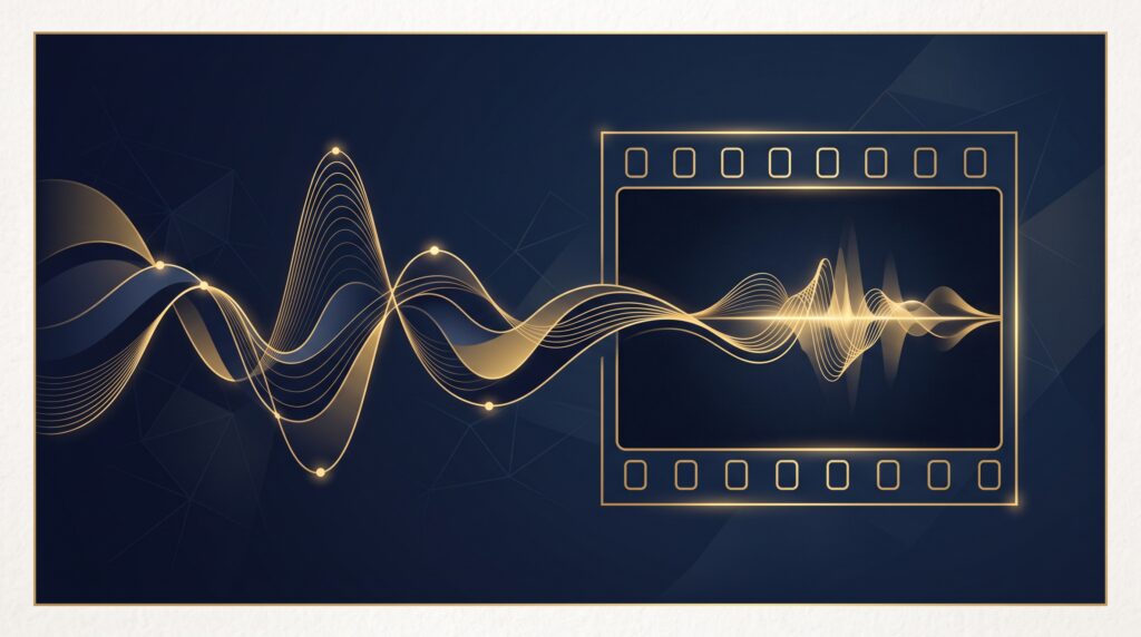Sound wave merging with a film frame on a navy and gold background