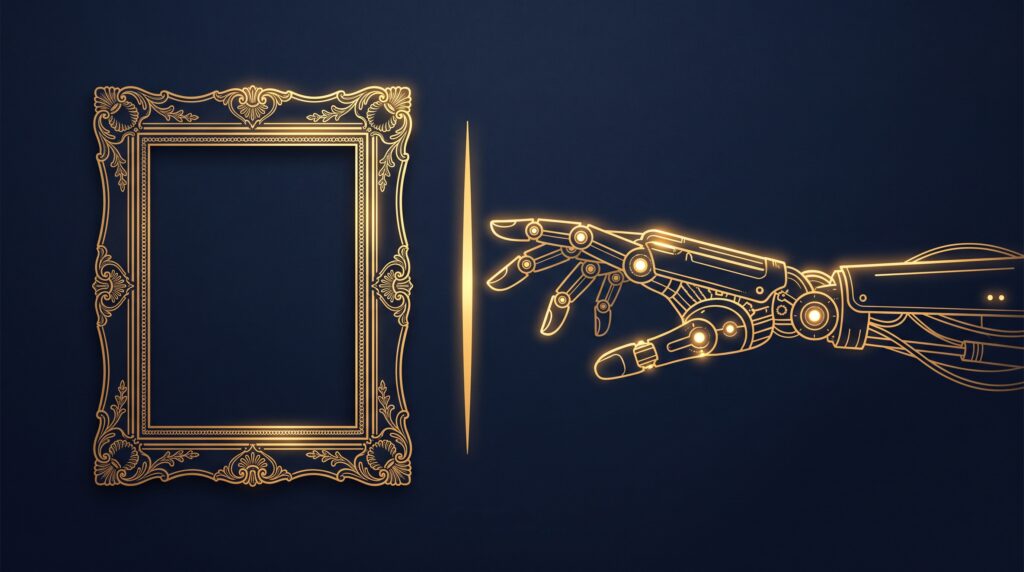 A gold robotic hand stopped by a barrier just short of an empty ornate picture frame, symbolising a machine denied authorship of a work