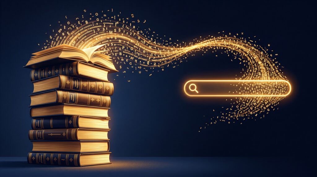 Gold-edged legal volumes dissolving into particles that reform as a search bar, symbolising Westlaw content used to build a rival AI tool