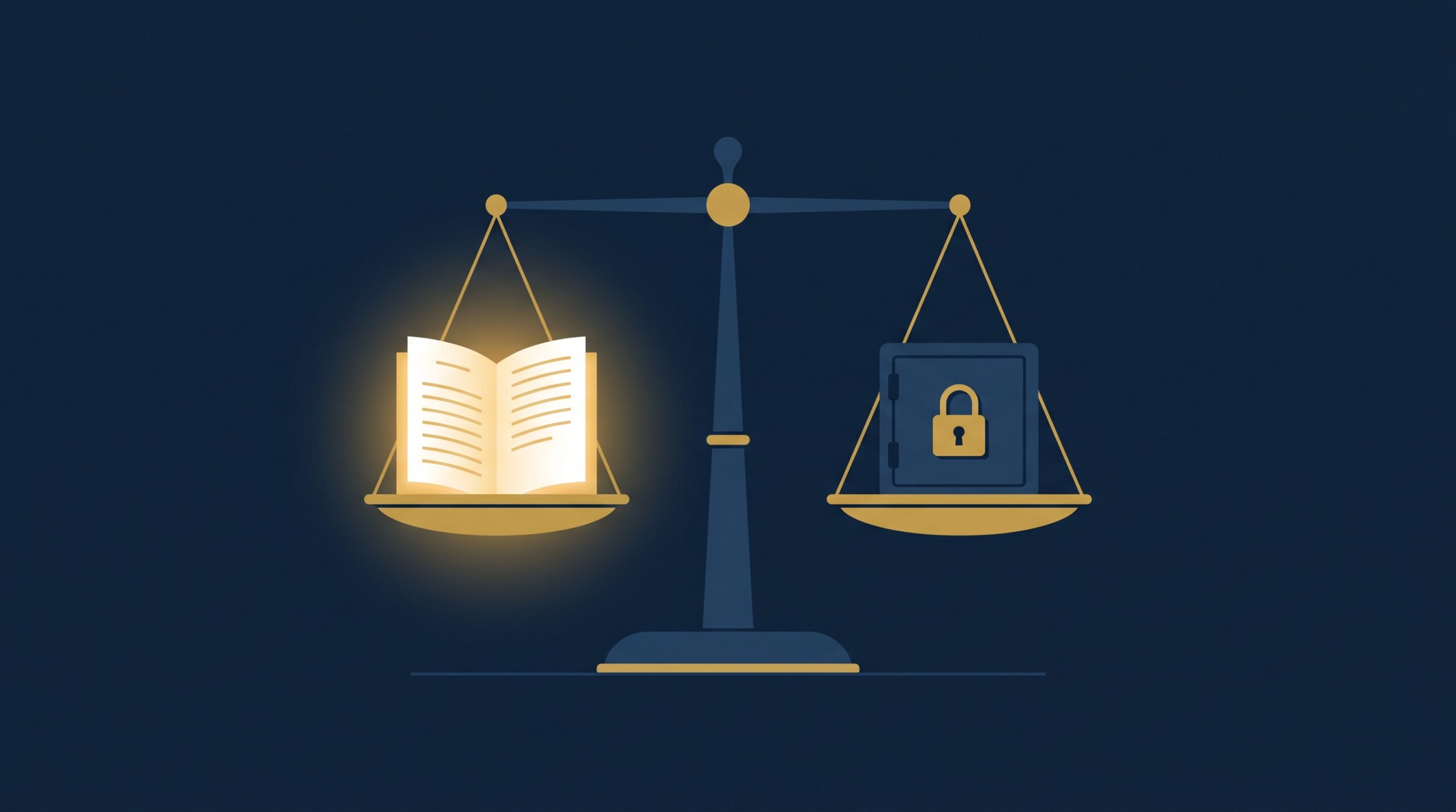 A balance scale weighing an open document against a locked vault