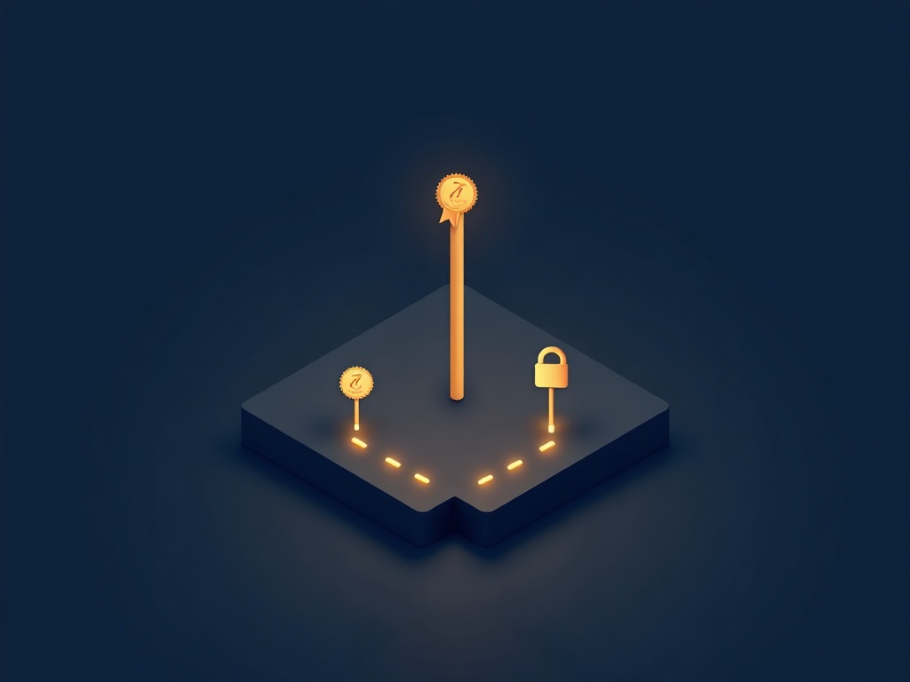 A forked gold path splitting toward a patent seal and a padlock