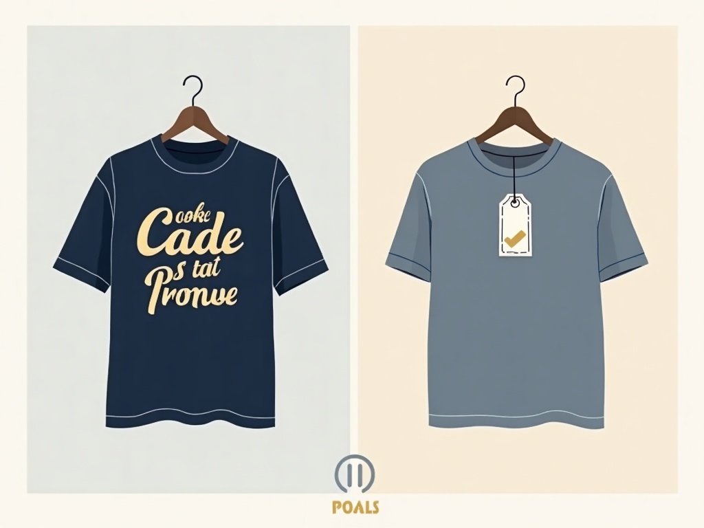 Left: a big slogan printed across a t-shirt chest; right: a small brand mark on a hangtag and collar label