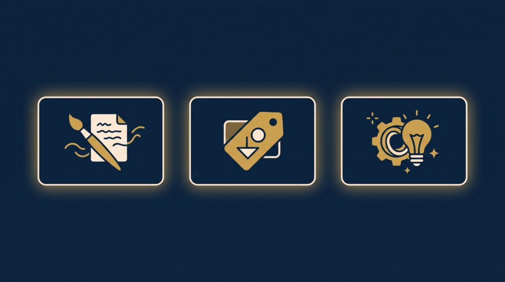 Three navy cards with gold icons: a creative-work brush, a brand nameplate, and an invention gear-and-bulb
