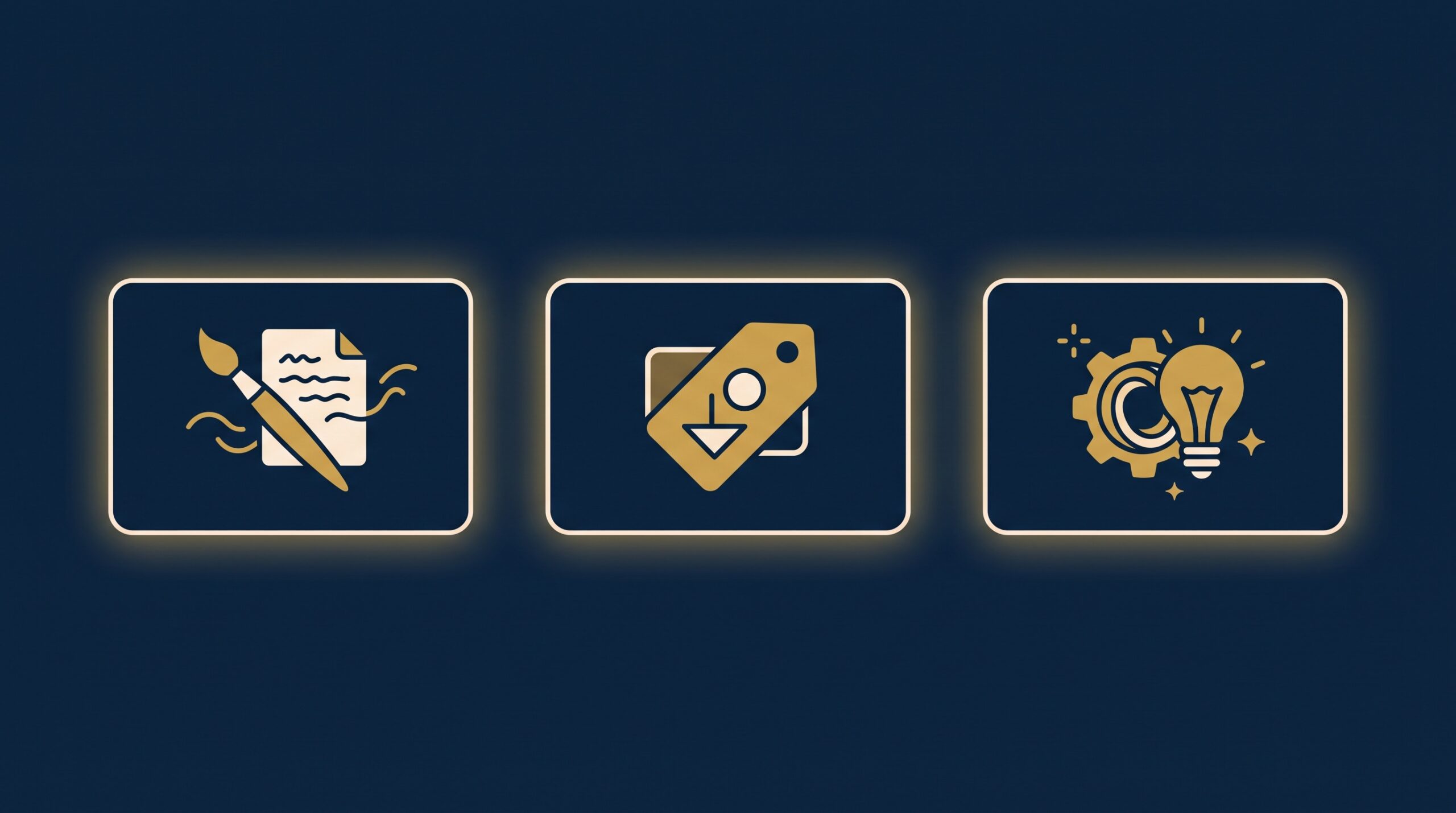 Three navy cards with gold icons: a creative-work brush, a brand nameplate, and an invention gear-and-bulb