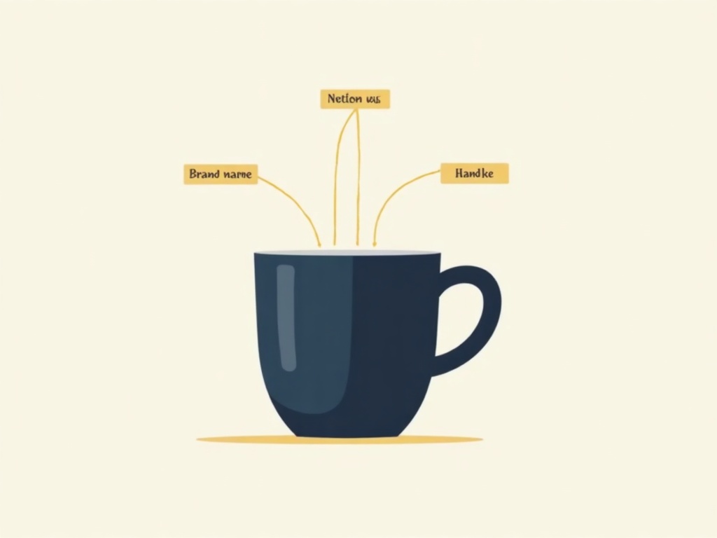 A coffee mug with gold lines pointing to its artwork, its brand name, and a novel handle mechanism