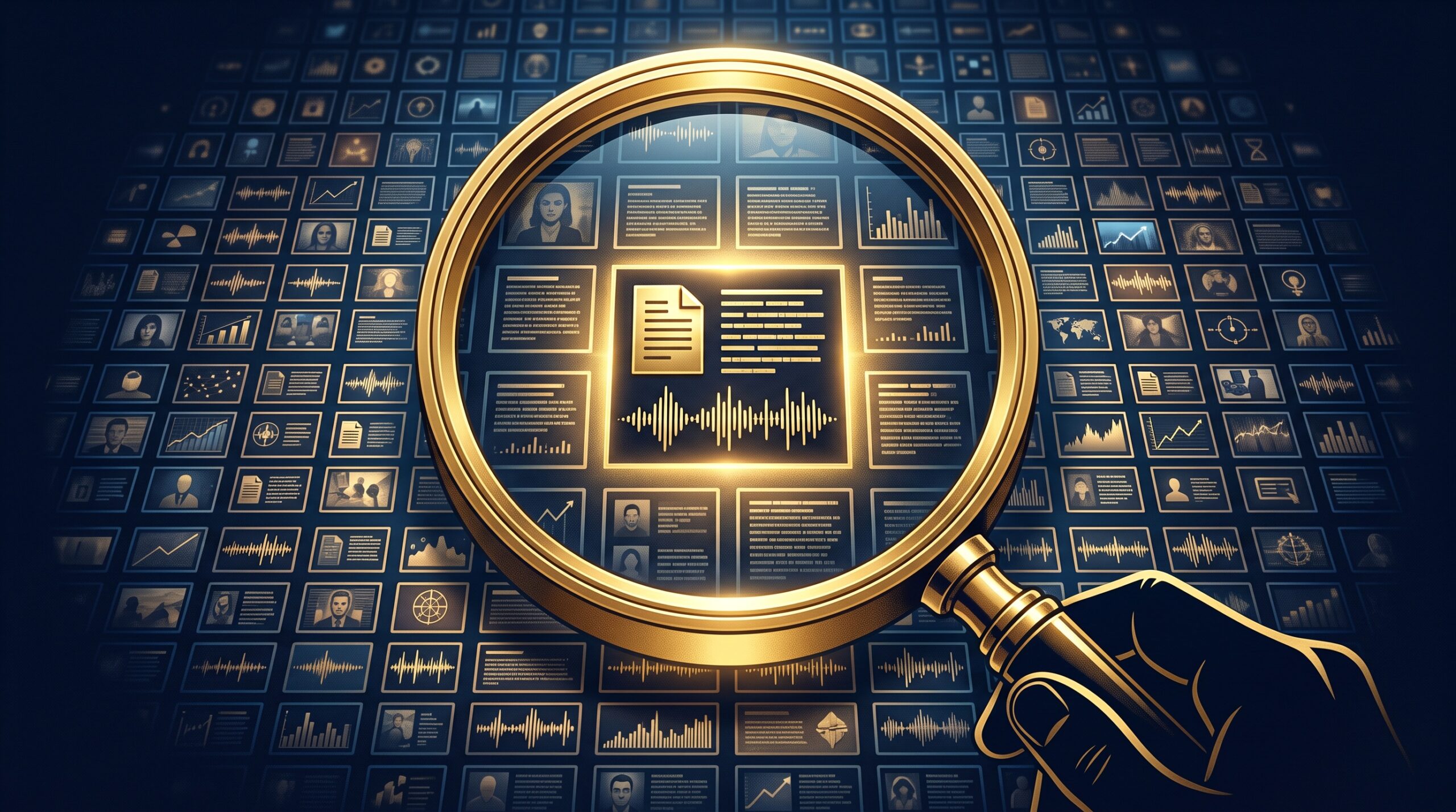 A gold magnifying glass over a grid of tiny creative-work thumbnails, one lit up as found