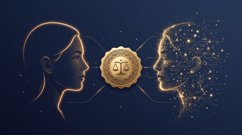 A gold human profile beside a synthetic copy forming from particles, with a gold shield holding them apart