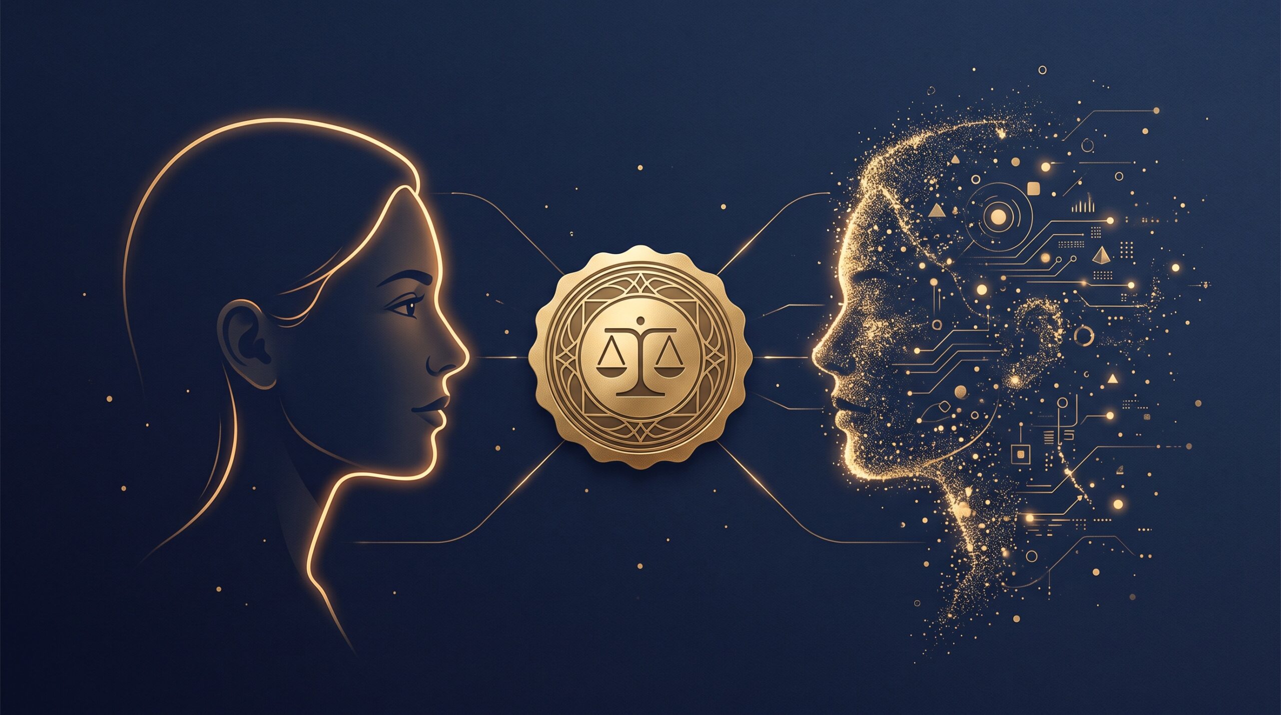 A gold human profile beside a synthetic copy forming from particles, with a gold shield holding them apart