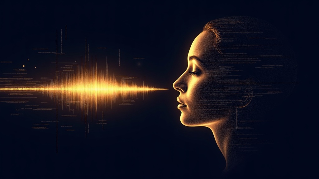 A gold sound waveform morphing into a gold facial contour under scanning grid lines