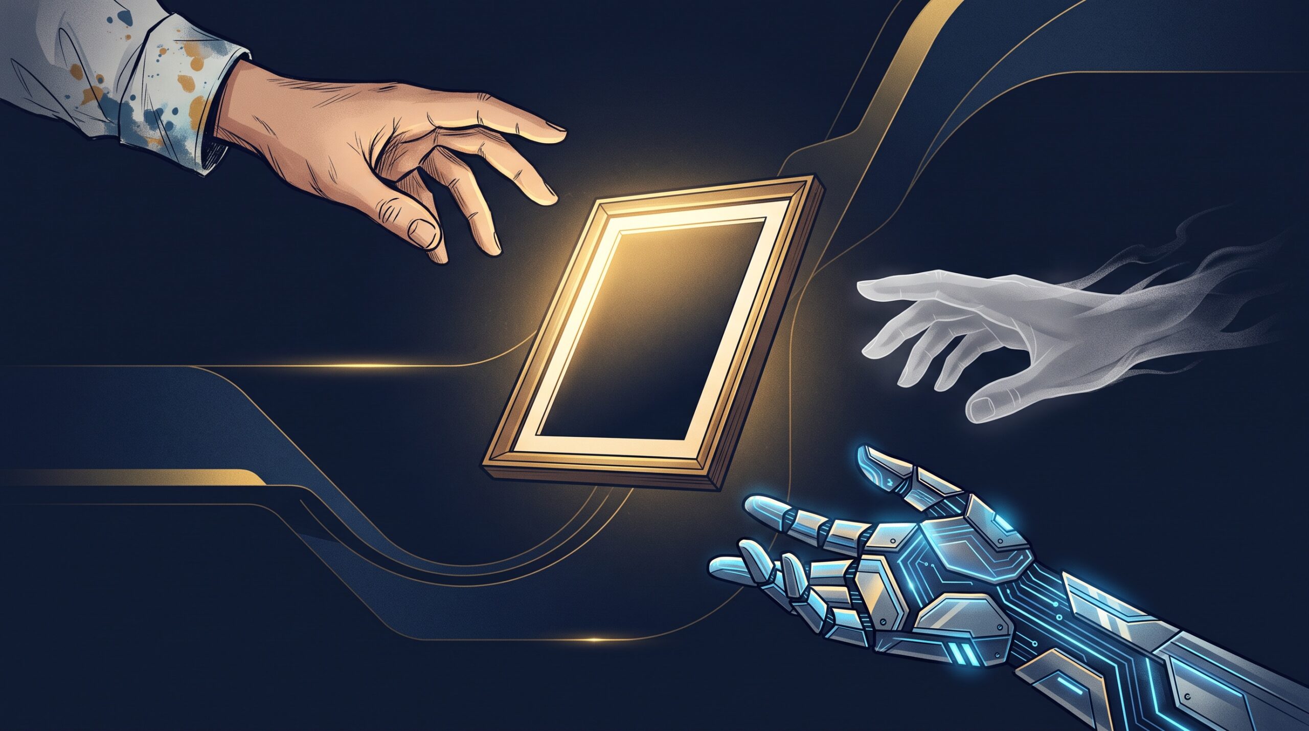 Three hands — a creator, a company, and a fading figure — reaching for the same AI-generated image