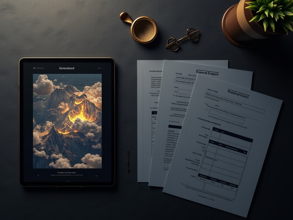 A creator's workspace with generated art, an export log, and a gold seal