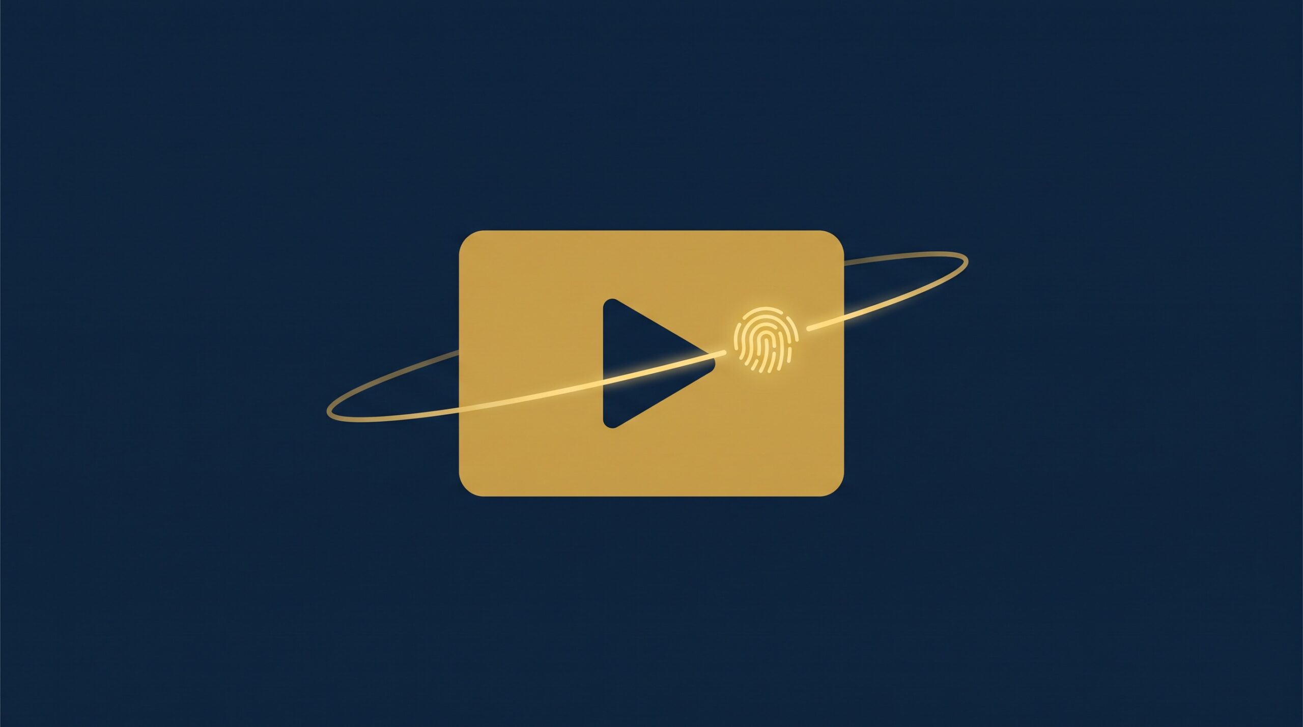 A gold play button being scanned by a light line that lights up a matching waveform, representing automated content matching