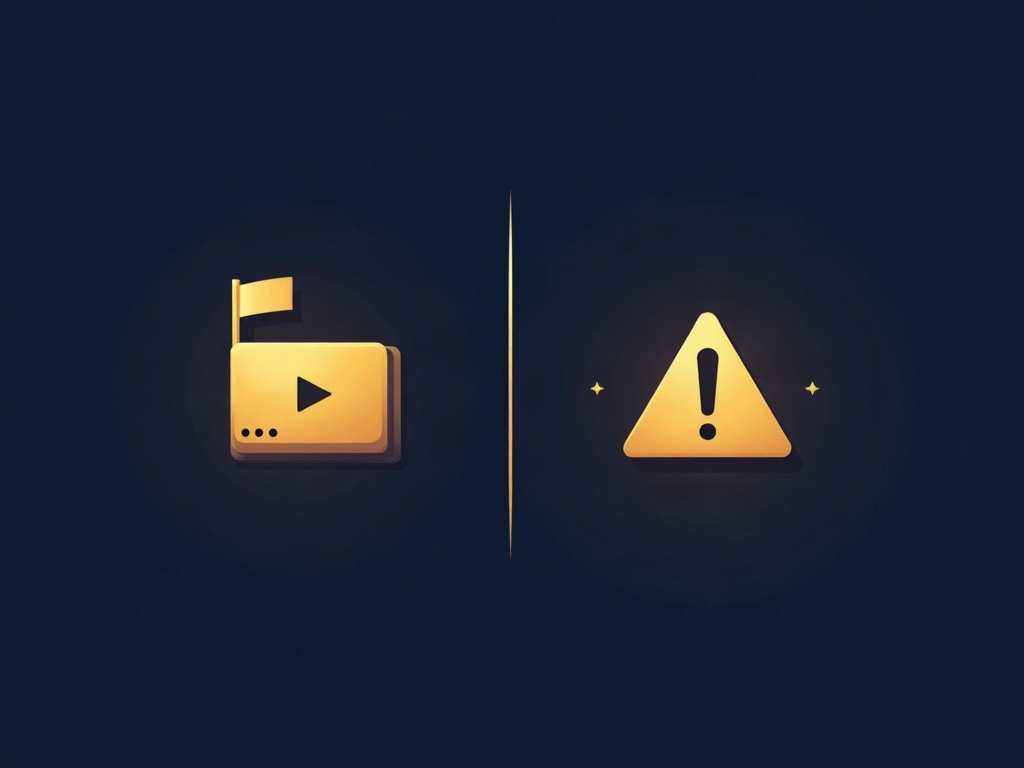 Two gold icons compared: a small tag on a bright video card versus a warning mark on a dimmed card, showing claim versus strike