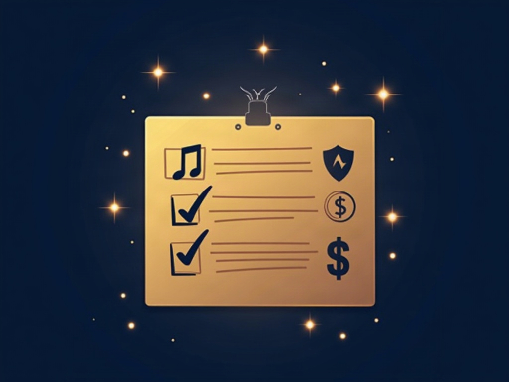 A gold checklist card with checkmarks beside a music note, a coin, and a shield, representing a creator's Content ID routine