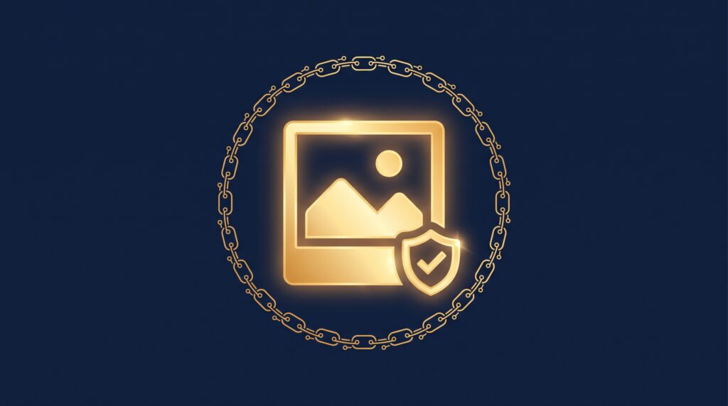 A gold photo icon with a shield-and-checkmark seal and a chain of cryptographic links around its border, on navy, symbolizing content carrying tamper-evident provenance credentials