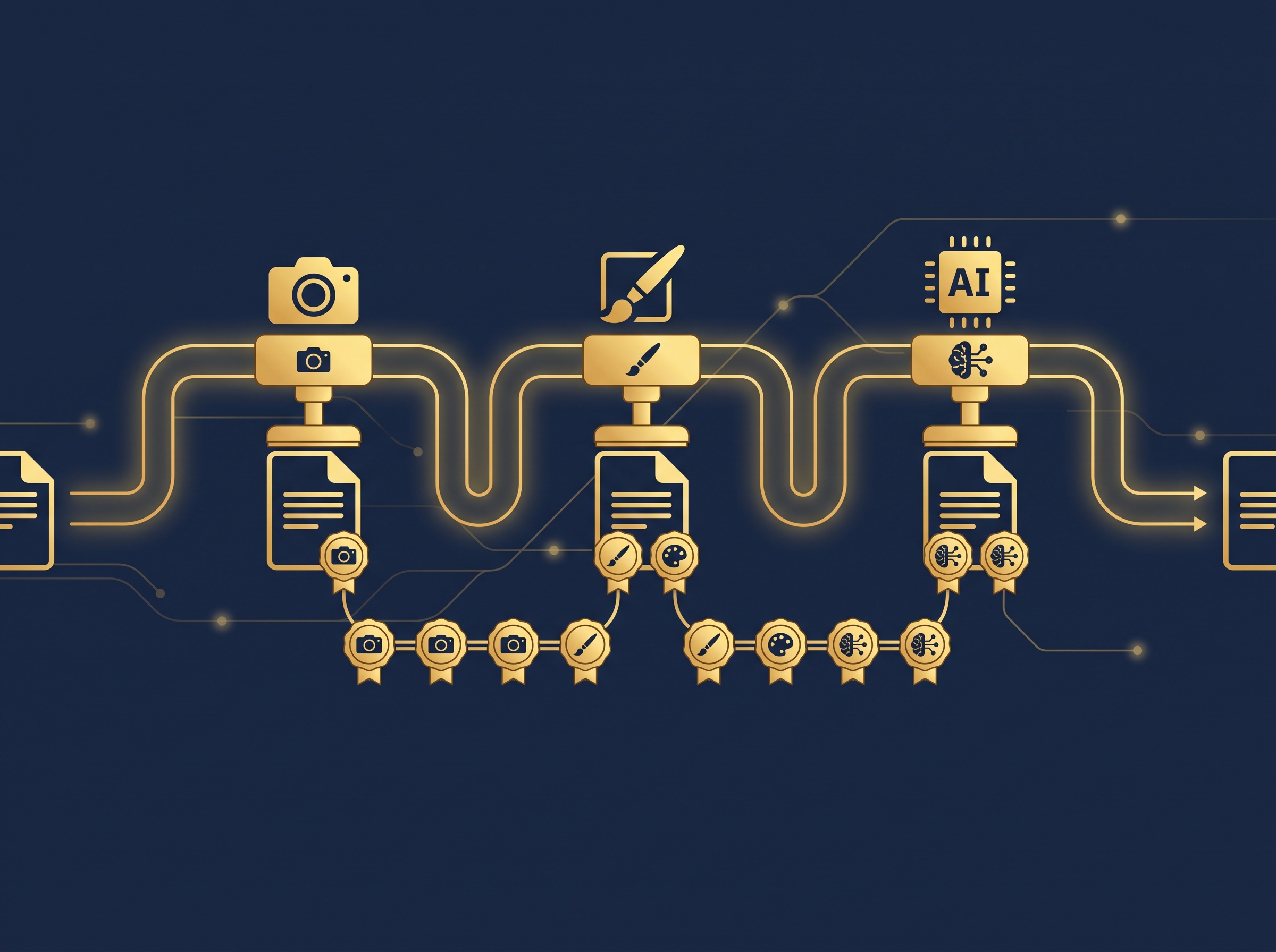 A gold pipeline where a camera, an editing brush, and an AI chip each stamp a seal onto a traveling document, the seals forming a chain, on navy, symbolizing a provenance manifest recording each edit