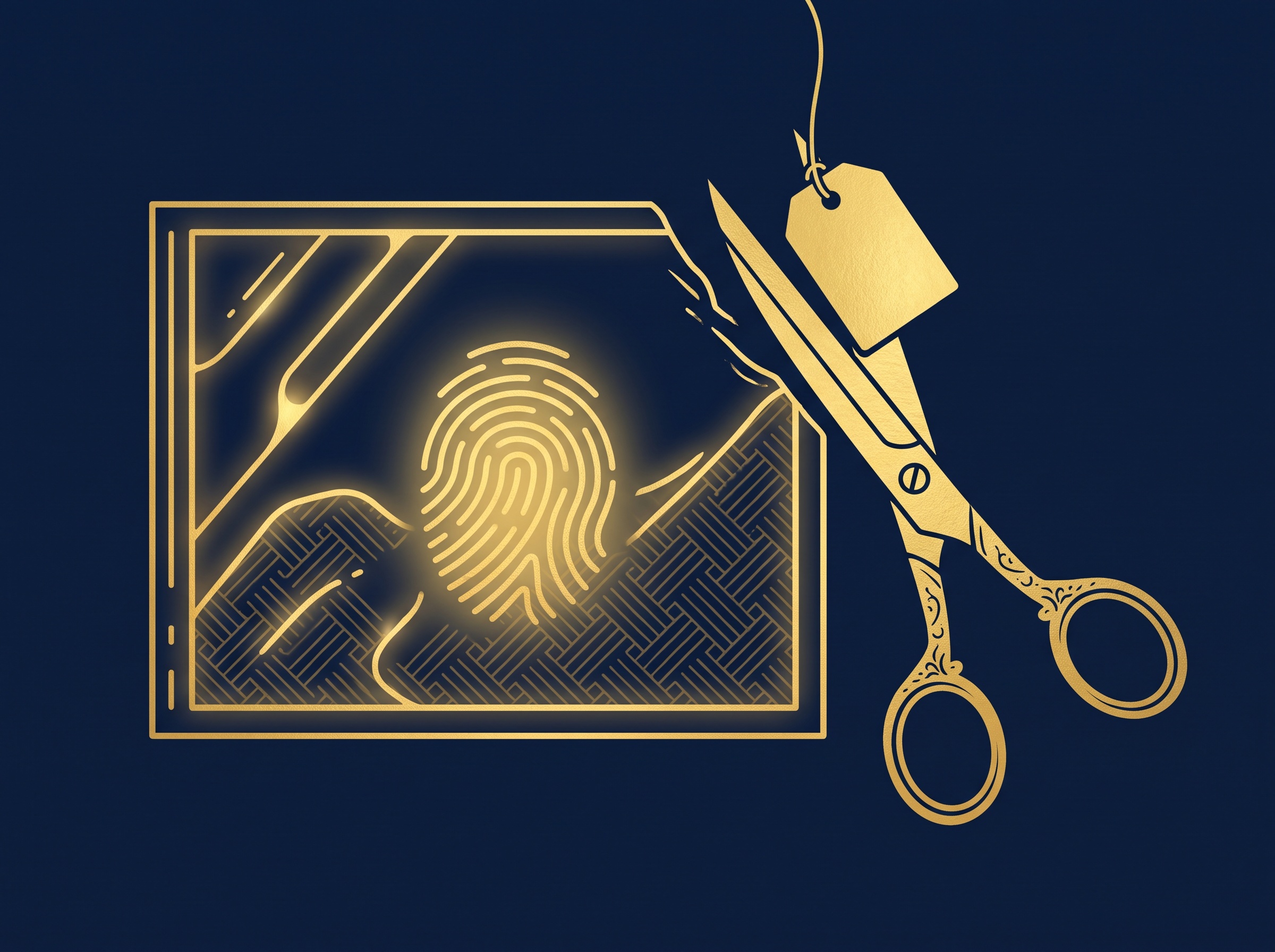 Gold scissors snipping a metadata tag off an image while a faint watermark and a fingerprint stay embedded inside it, on navy, symbolizing durable credentials surviving metadata stripping