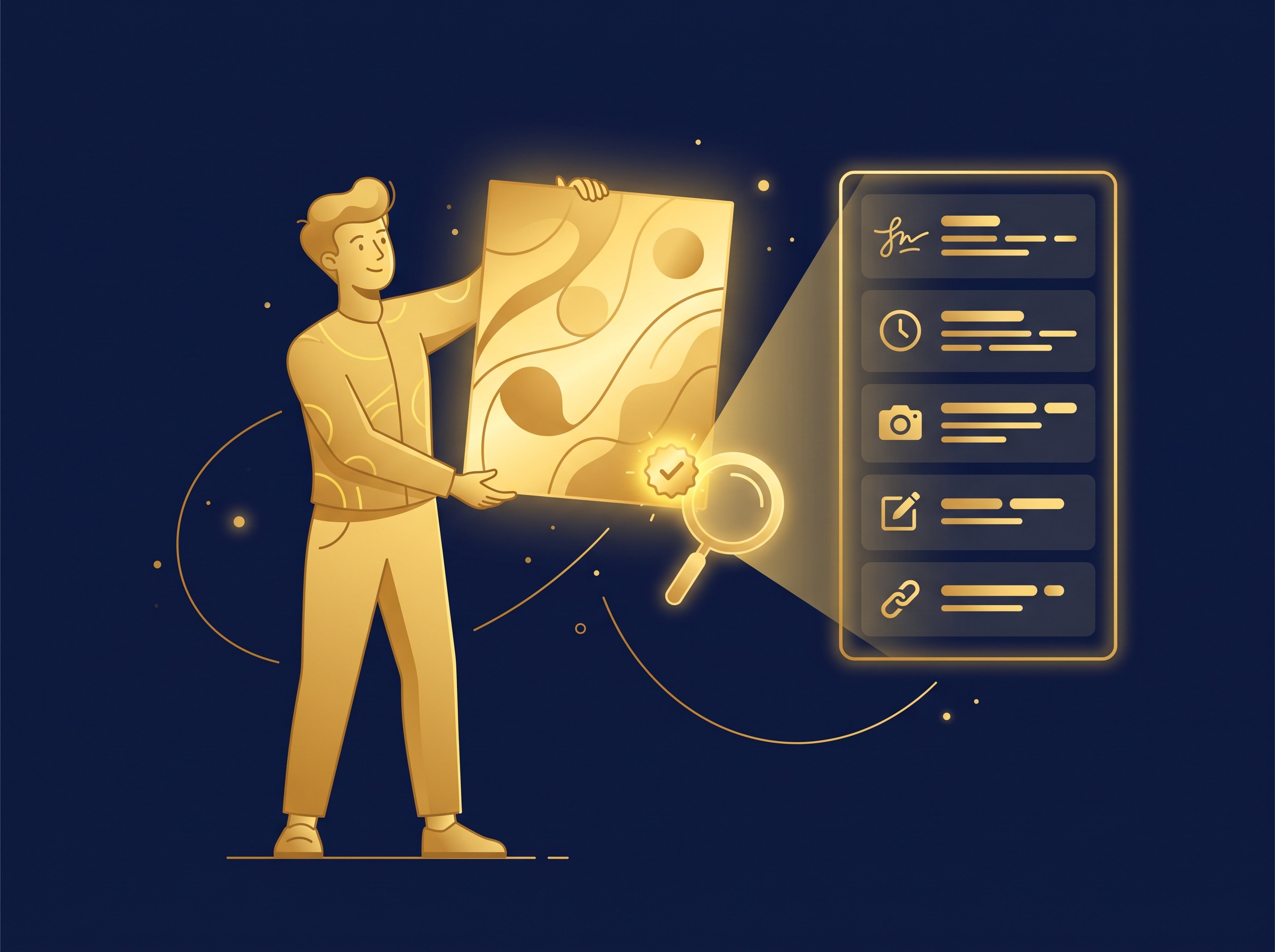 A gold creator holding up an artwork with a verified seal, a magnifying glass revealing a panel of provenance entries beside it, on navy, symbolizing a creator proving authorship with content credentials