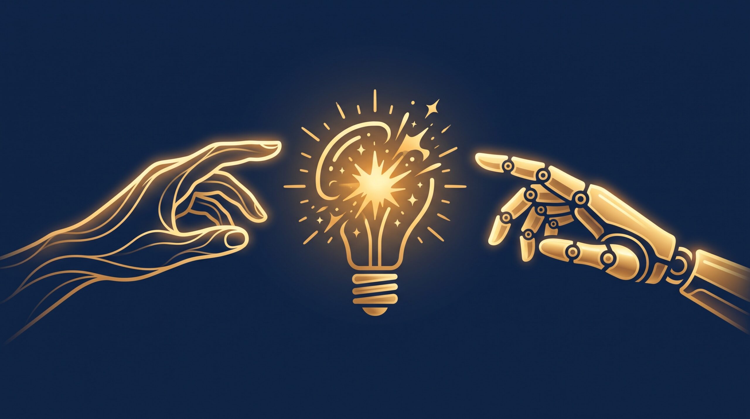 A gold human hand and a gold robotic hand both reaching toward a single glowing lightbulb on a navy background, symbolizing the question of whether an AI or a person is the inventor