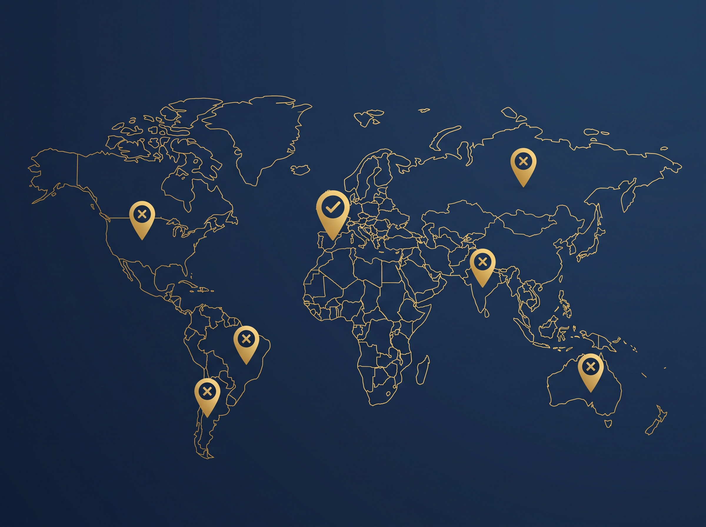 A gold world map with several location pins marked with an X and one marked with a check on navy, symbolizing that most countries rejected AI inventorship while one accepted it