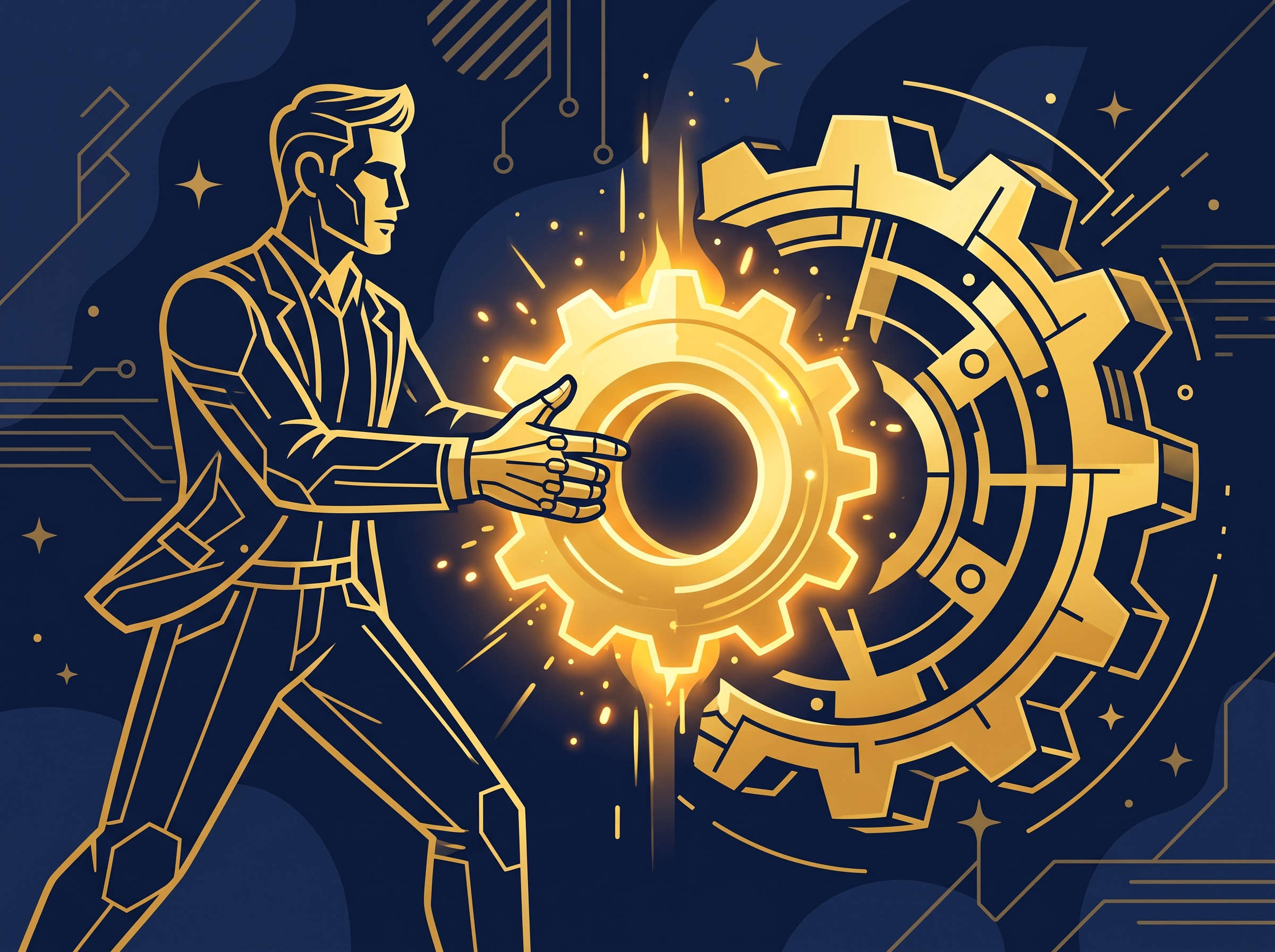 A gold human silhouette guiding a gold gear to shape a glowing cog on navy, symbolizing an AI used as a tool while a human remains the inventor